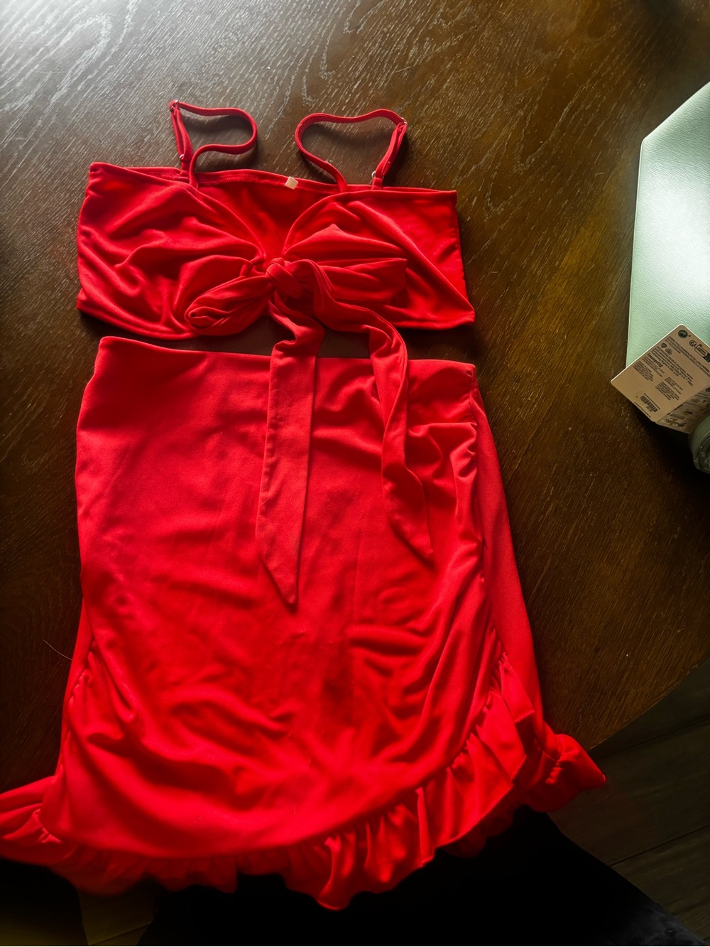 Amazon Red Two-Piece Tie Front Crop Top and Ruffle Hem Skirt